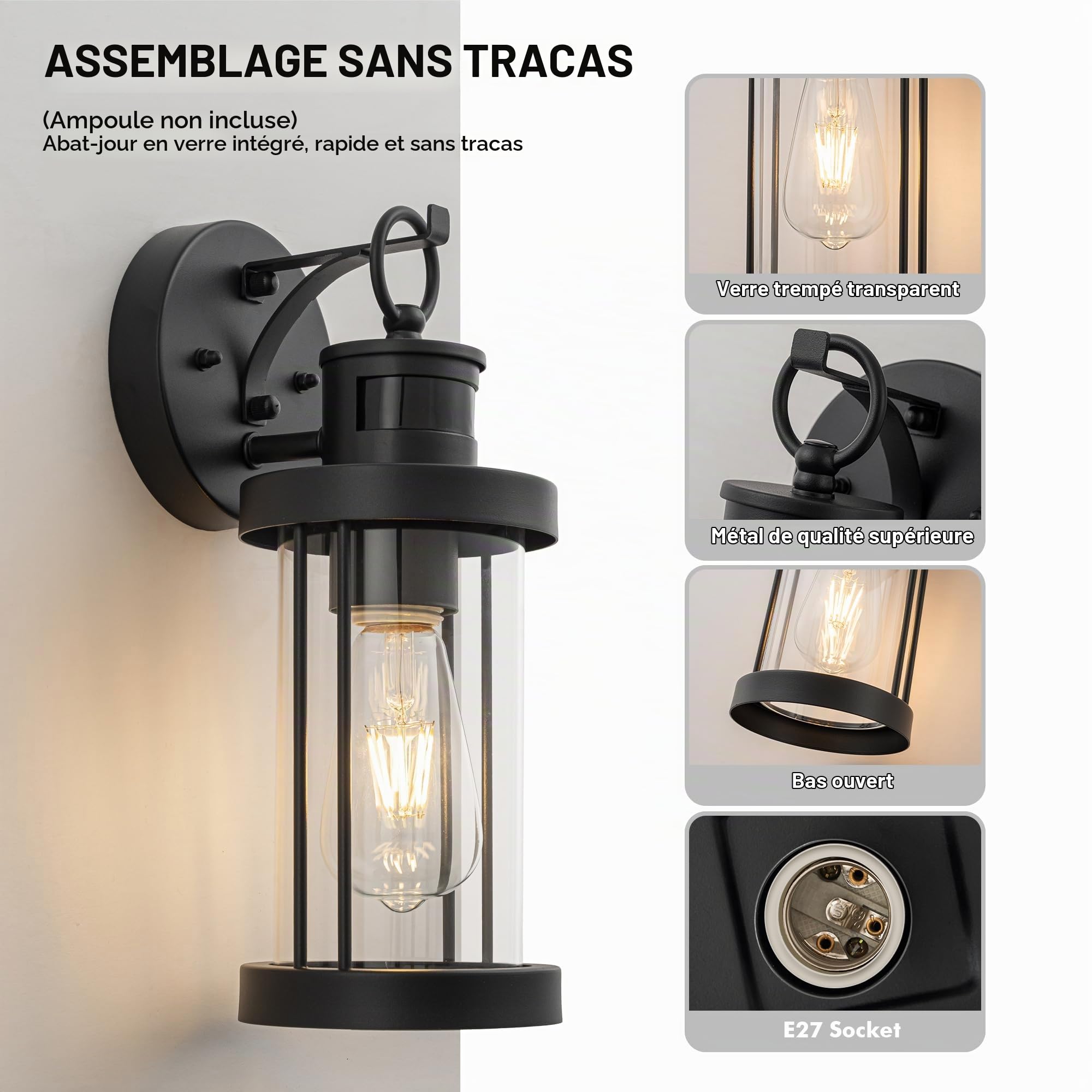 FTL Vintage Applique Murale Exterieur avec Détecteur de Mouvement, Noir Lampe Murale Industrielle, E27 Porche Luminaire Exterieur Lanterne avec Capteur de Mouvement IP44 pour Jardin Entrée Patio Yard
