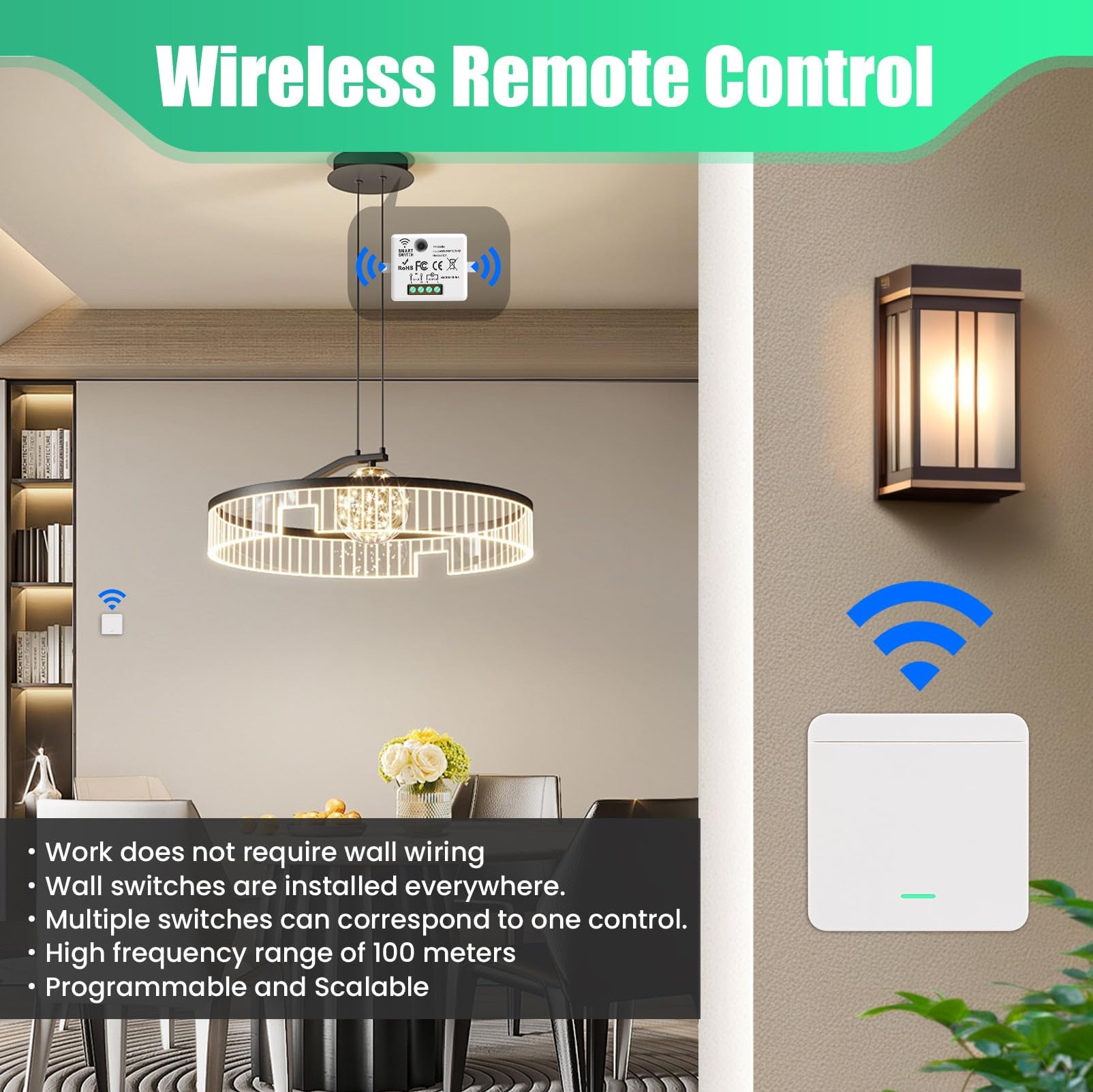 Kit de 2 Interruptores de Luz Inalámbrico con 2 Interruptor y 1 Receptor 10A 230V 433MHz Interruptor de Pared Inalámbricos para Lámparas Interior y Exterior (2 Interruptor y 1 Receptor)
