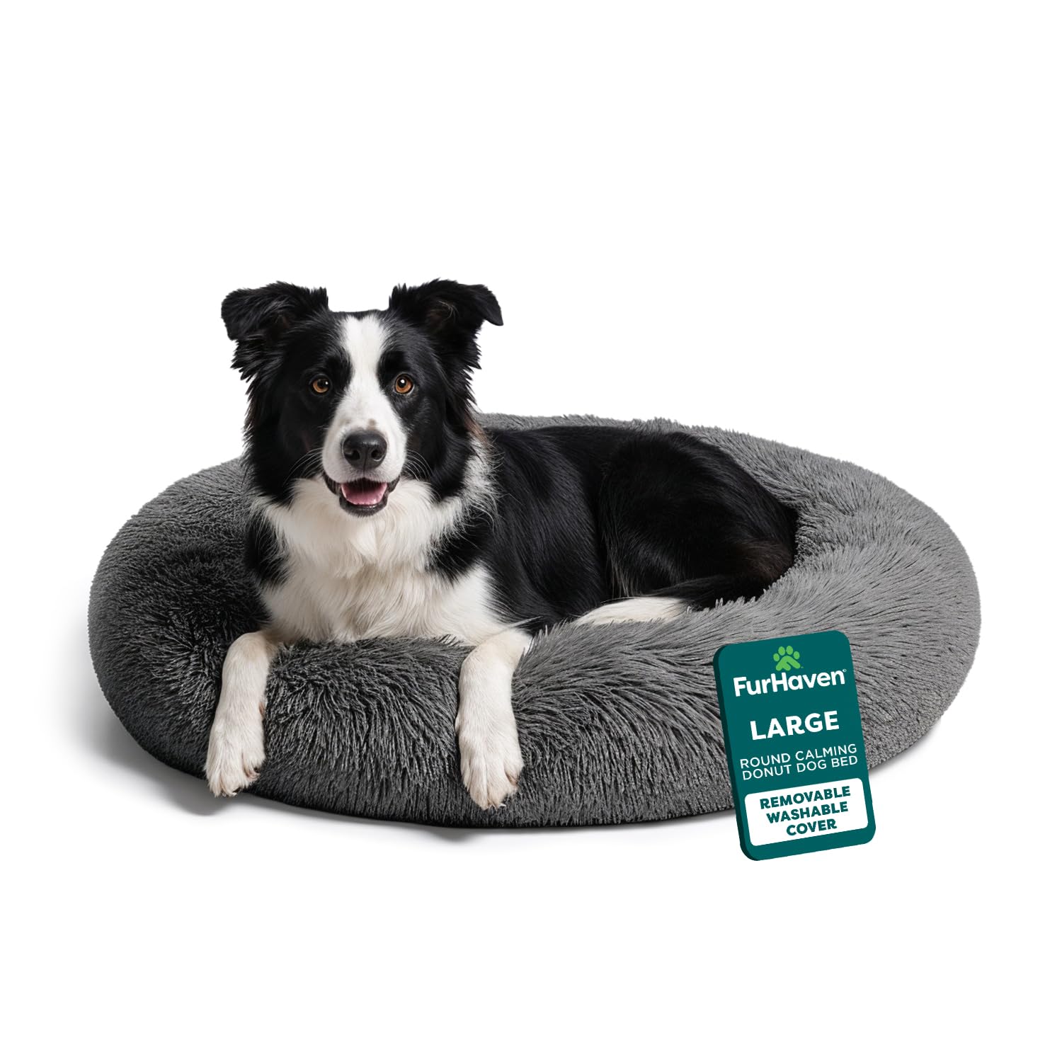 Furhaven Pet Bed for Dogs and Cats - Plush Long Faux Fur Round Ultra Calming Deep Dish Cushion Donut Dog Bed with Remova