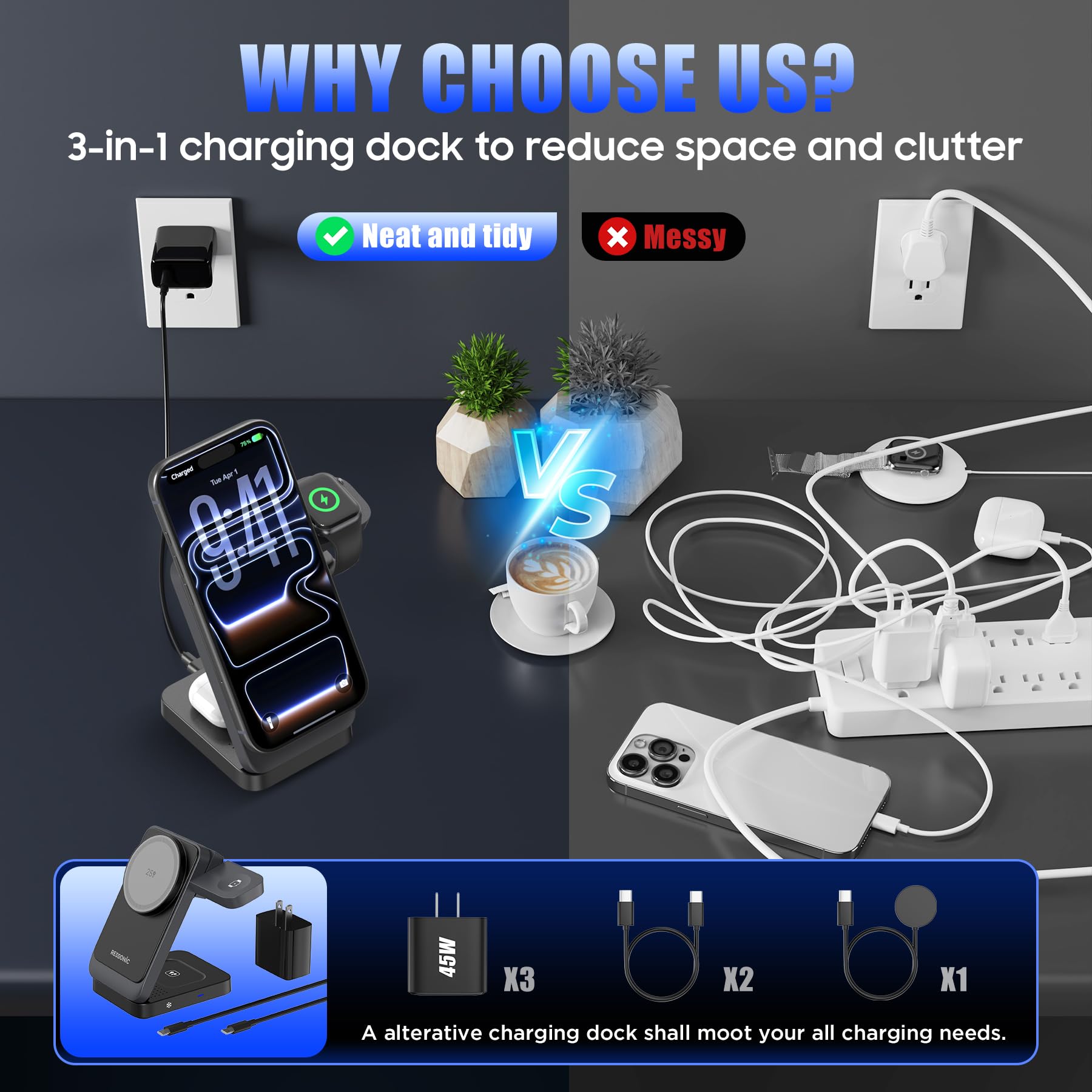 Station de charge sans fil pliable 3 en 1, support de charge rapide multi-appareils pour smartphones, montres intelligentes, écouteurs sans fil, station de charge portable pour bureau, chambre à