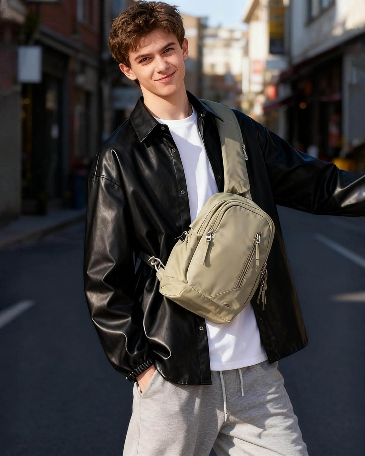 Sling Crossbody Bag for Men Women, Tactical Backpack Shoulder Daypack Mini Anti-Theft Motorcycle Chest Bags, Small One Strap Backpack for Casual Travel Hiking Outdoor Sports Khaki - Image 2