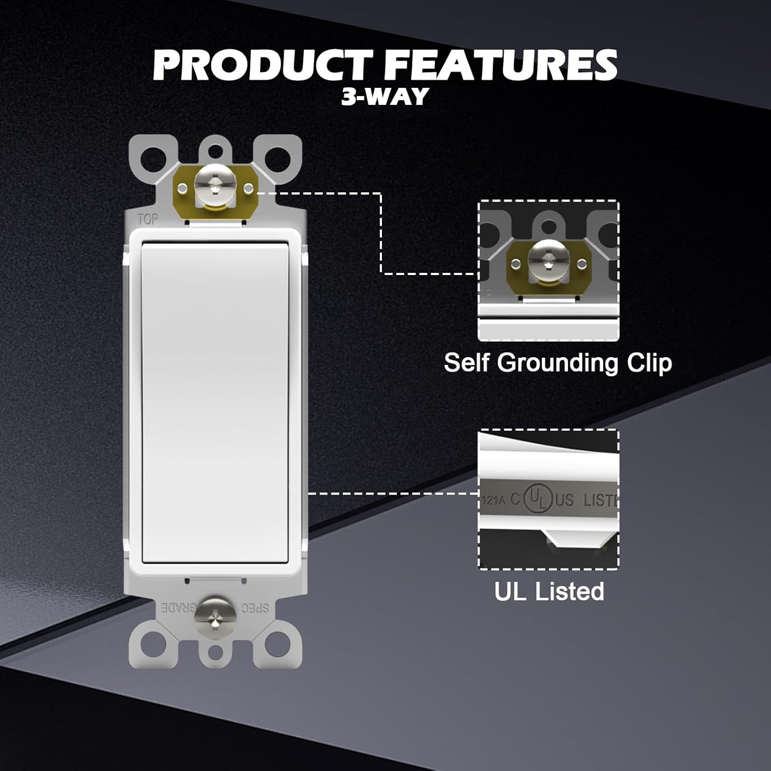 Thunderway Three Way Decorator Light Switch- Glossy White Modern Electrical Light Wall Switches, Gloss Finish, Paddle Rocker Self-Grounding, UL Listed, 15A 120/277V, 20 Pack