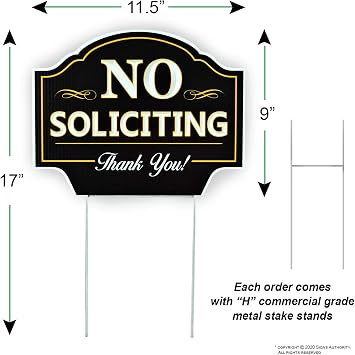 Signs Authority No Soliciting Sign for House - 11.5x9 Durable Coroplast with Metal H-Stake - No Solicitors Sign for Front Door - Non-Reflective No Soliciting Yard Sign Deter Door Knockers