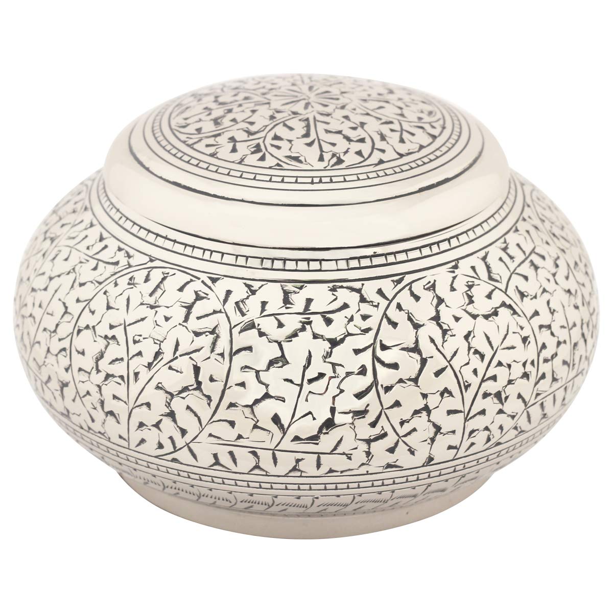 Leaves of Silver Round Cremation Urn for Ashes - Small, Brass, Silver Urn, Child Urn, Small Sized Cremation Urn, 4 Inches High