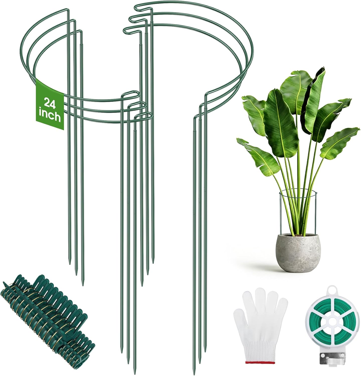 Unves 6 Pack Peony Cage, 13" W x 32" H Half Round Ring Metal Plant Support Stakes, Heavy Duty Peony Cages and Supports for Indoor Outdoor Plants, Vegetables and Flowers with Clips, Ties and Gloves