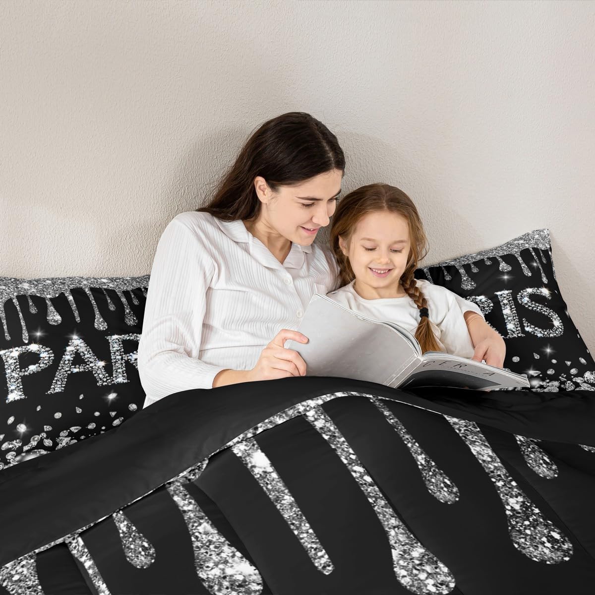 Feelyou Eiffel Tower Comforter Set Paris Glitter (No Glitter No Sequin) Diamond Comforter for Girls Paris Decor Teens Black Silver Bedding Set Breathable Duvet Set Room Decor Quilt Set Queen Size