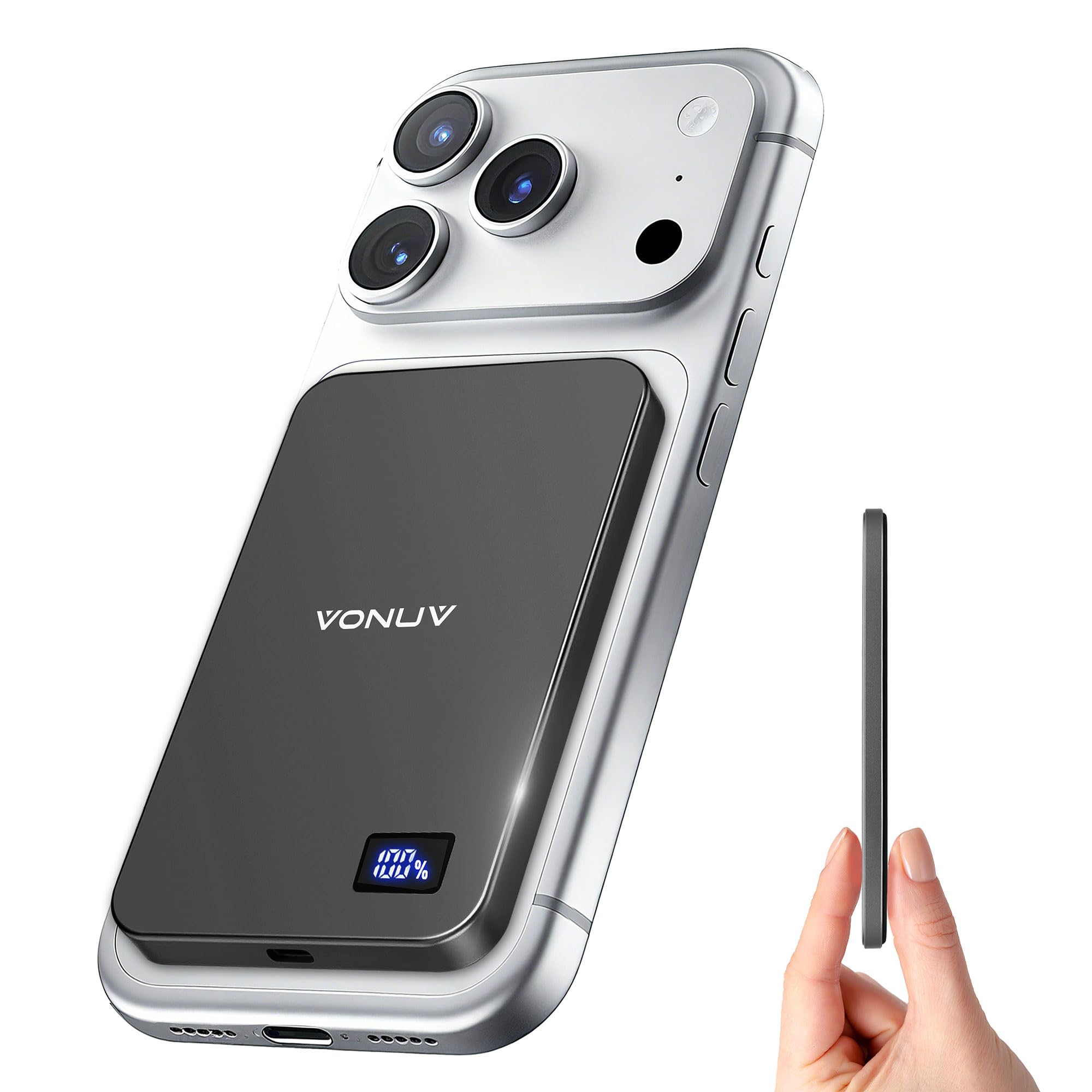 VONUV Magnetic Portable Charger 5000mAh, 15W Ultra Slim Wireless Portable Charger, Fast Charging for iPhone 17/16/15/14/13/12 Pro/Pro Max/Plus, Metal Shell, USB-C Cable to Charge Other Phones (Grey)