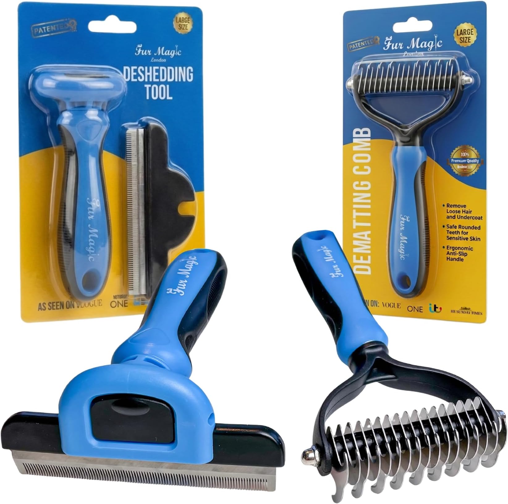 Fur Magic Deshedding Tool & Dematting Comb – Grooming Brushes for Dogs, Cats, Horses – Reduce Shedding and Remove Knots, Mats and Loose Undercoat, Large Size