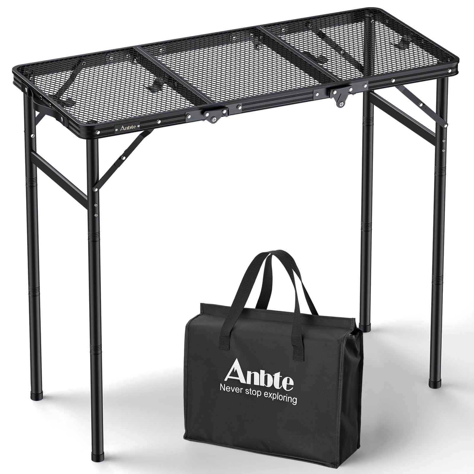 Anbte 3ft Tri-fold Grill Table, 2 Adjustable Heights Max 29.5" Sturdy Metal Grill Table with Storage Bag, Heat-Resistant Tabletop, Portable Handle for Cooking BBQ Outdoor Travel, 35" x 16", Black