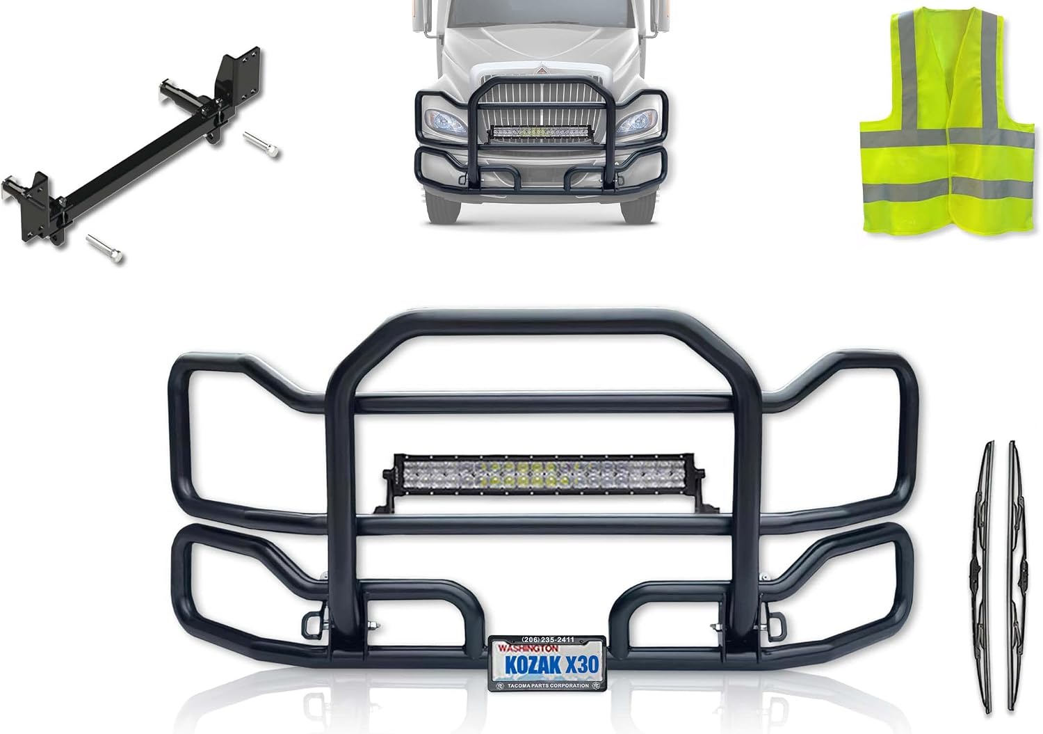 Black Front Grille Deer Moose Brush Bumper Guard Large Compatible with INTERNATIONAL PROSTAR (plastic bumper) 2008+ Plus Bracket, Logo, 22” LED Bar, Wipers, License Plate Holder and Frame, Vest