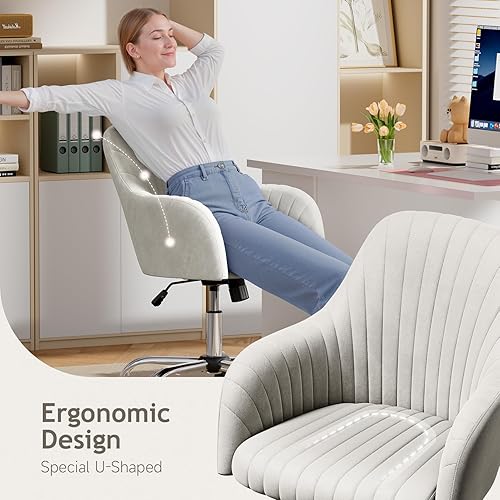 Miniatura 7 de Warmiehomy Silla de escritorio de terciopelo para oficina en casa, moderna silla giratoria ajustable, sillas de tocador para mujer con reposabrazos