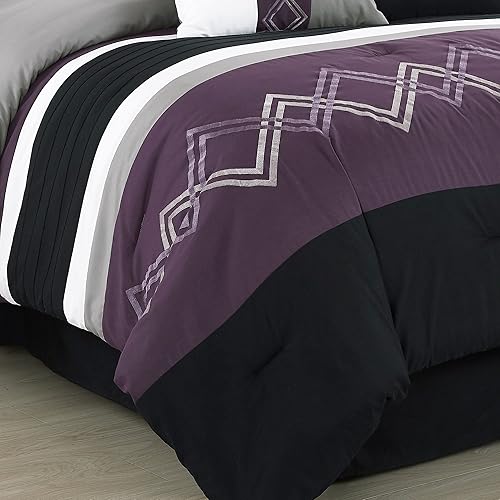 Miniatura 6 de Chezmoi Collection Arden - Juego de edredón moderno de 7 piezas con diseño de rayas plisadas bordadas en zigzag (tamaño matrimonial, morado, negro,