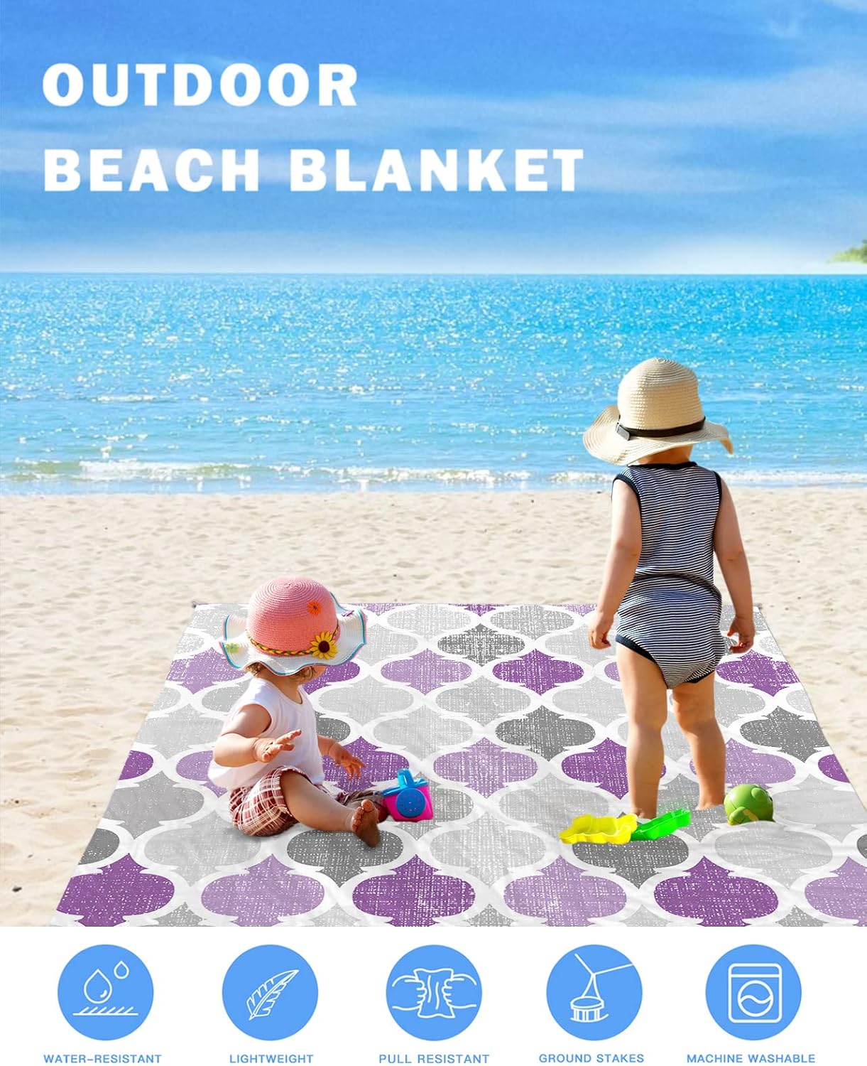 Purple Grey Morocco Lattice Beach Blanket Waterproof Sandproof Outdoor Picnic Mat 95"x80" Geometric Plaid Lightweight Large Beaach Blankets with 4 Stake & 4 Corner Pockets
