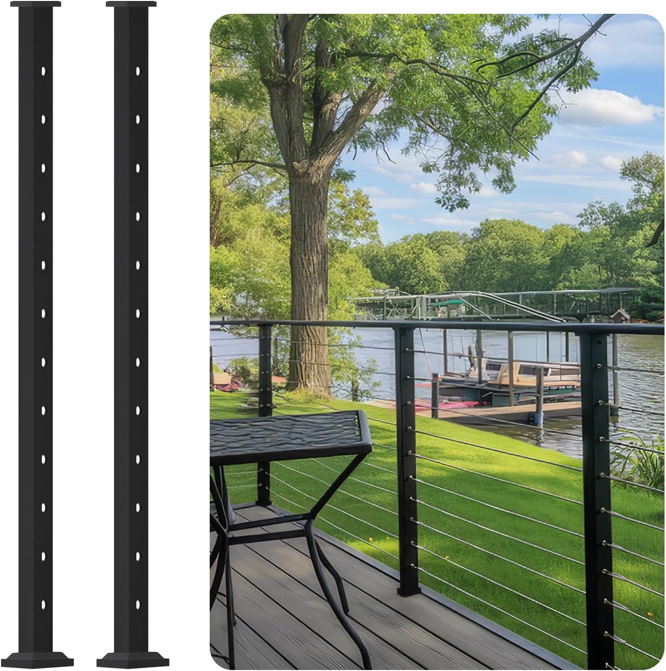 Fence & Rail Level Drilled Cable Railing Post, 2pcs 42 inch Powder Coated Fence Post, Metal Posts for Cable Railing Kit, Black Metal Deck Railing Post for Indoor, Outdoor, Porch, & Balcony (42")