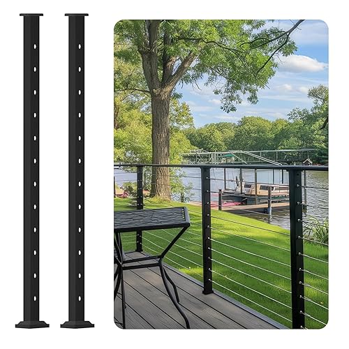 Vista 8 de CR - Poste de barandilla de cable perforado a nivel de riel, 2 postes de valla con recubrimiento en polvo de 36 pulgadas, postes de metal para kit