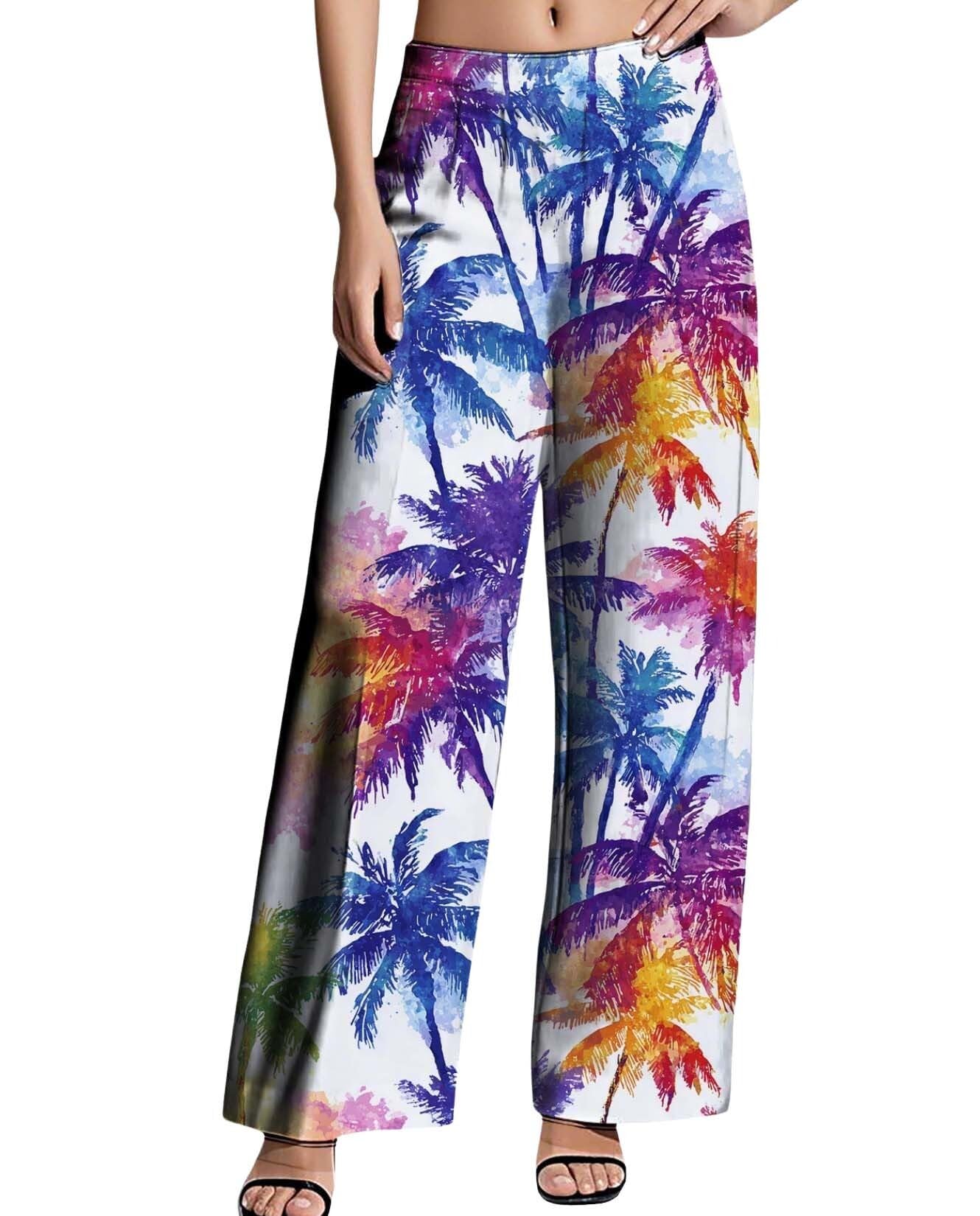 Womens Linen Pants Baggy Wide Leg Pants with Pockets Flowy Color Block Floral Boho Harem Lantern Trousers Elastic