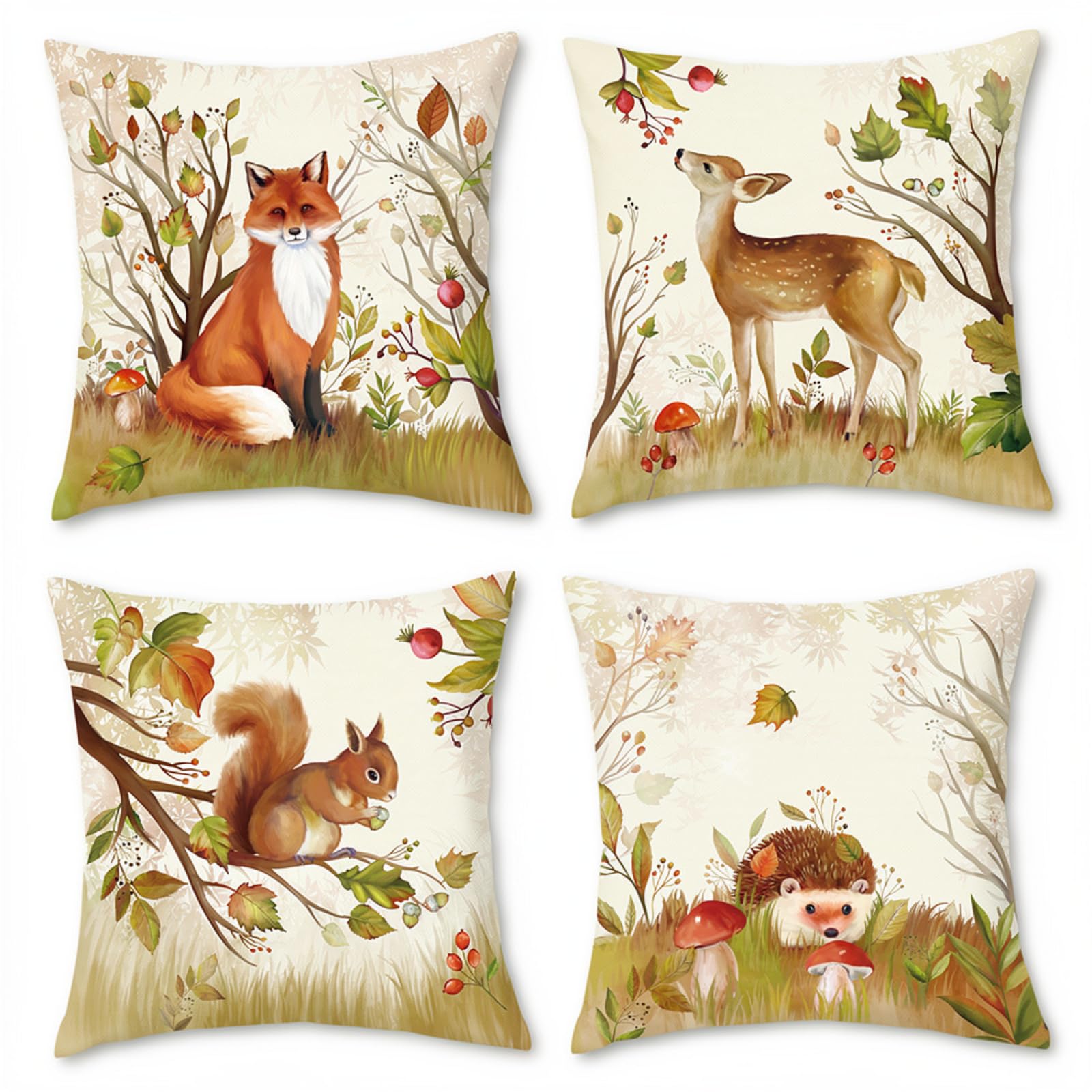BREASOME Wild Animal Fox Deer Squirrel Cushion Covers 45 x 45 cm Set of 4