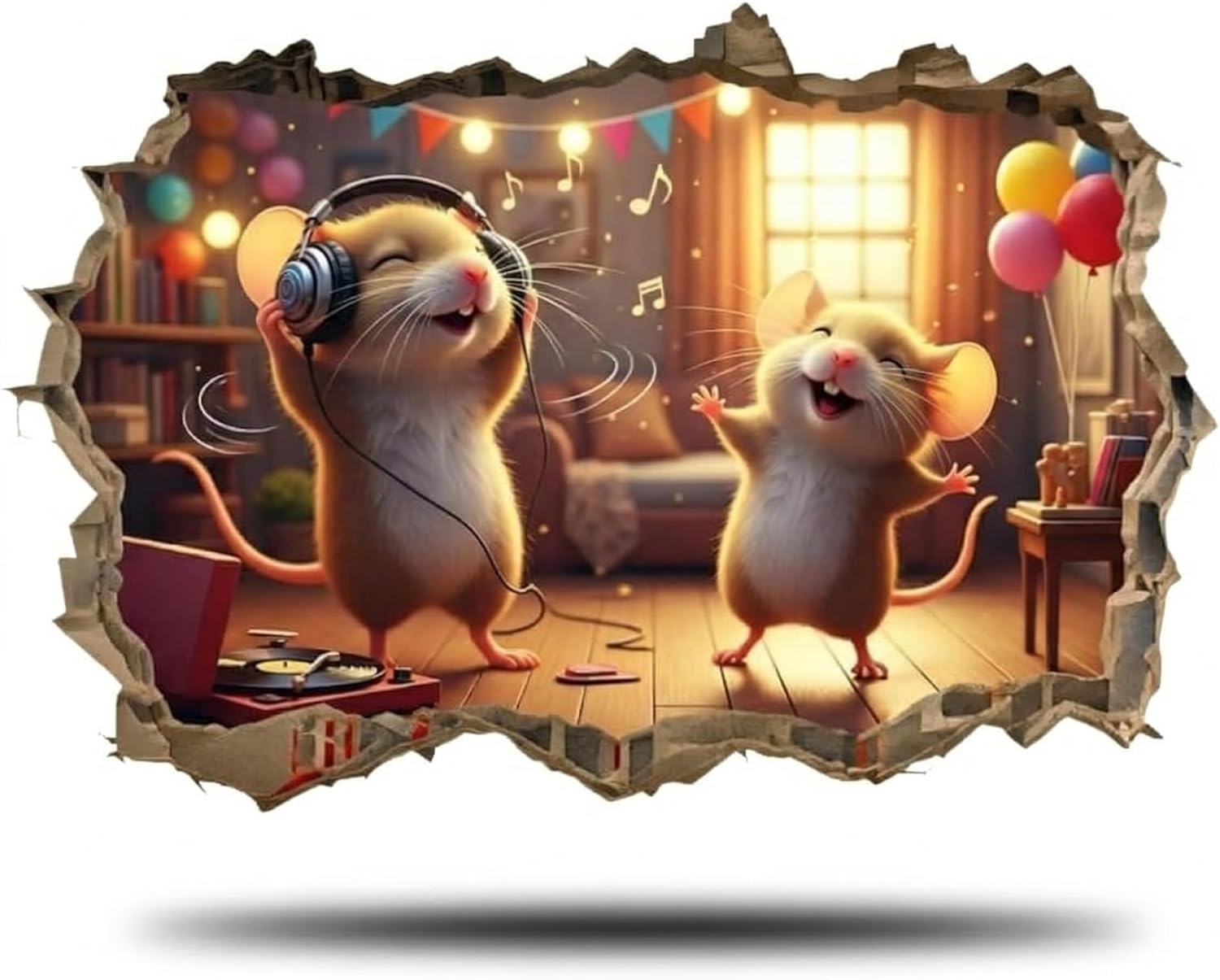 3D Dancing Mice Party Wall Decal – Cute Cartoon Break-Through Wall Sticker, Removable Vinyl, Kids Bedroom Playroom Living Room Home Decor, Whimsical Music Dance Party Mural Art