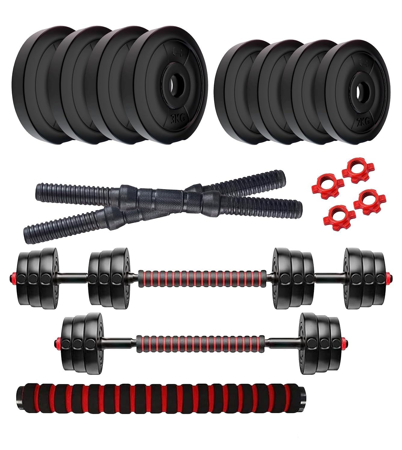 Amazon Brand - Symactive 20 Kg 3-in-1 Convertible Dumbbells Fitness Kit for Full Body Workout (2 Kg x 4 + 3 Kg x 4 Weight, 14'' Dumbbell Rods Pair & Nuts, 1 Cushioned Connector Rod)-image-44