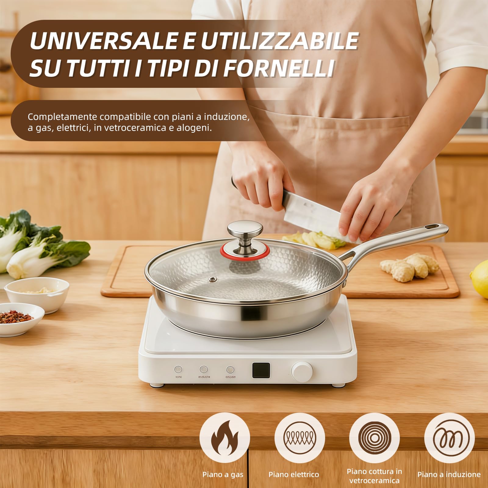 Padella in titanio non rivestita 30 cm, martellata, con coperchio in vetro e spatola – per induzione e fuoco vivo, ideale per cucina e campeggio