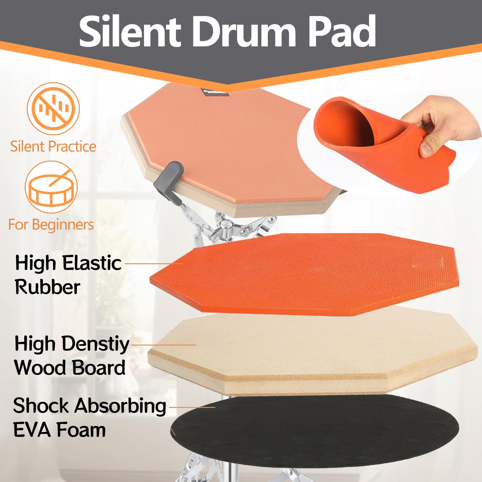 YOUEON Soporte de tambor con juego de almohadillas de práctica de tambor, almohadilla silenciosa de doble cara de 12 pulgadas con baquetas, soporte para baquetas y funda de transporte, se adapta a