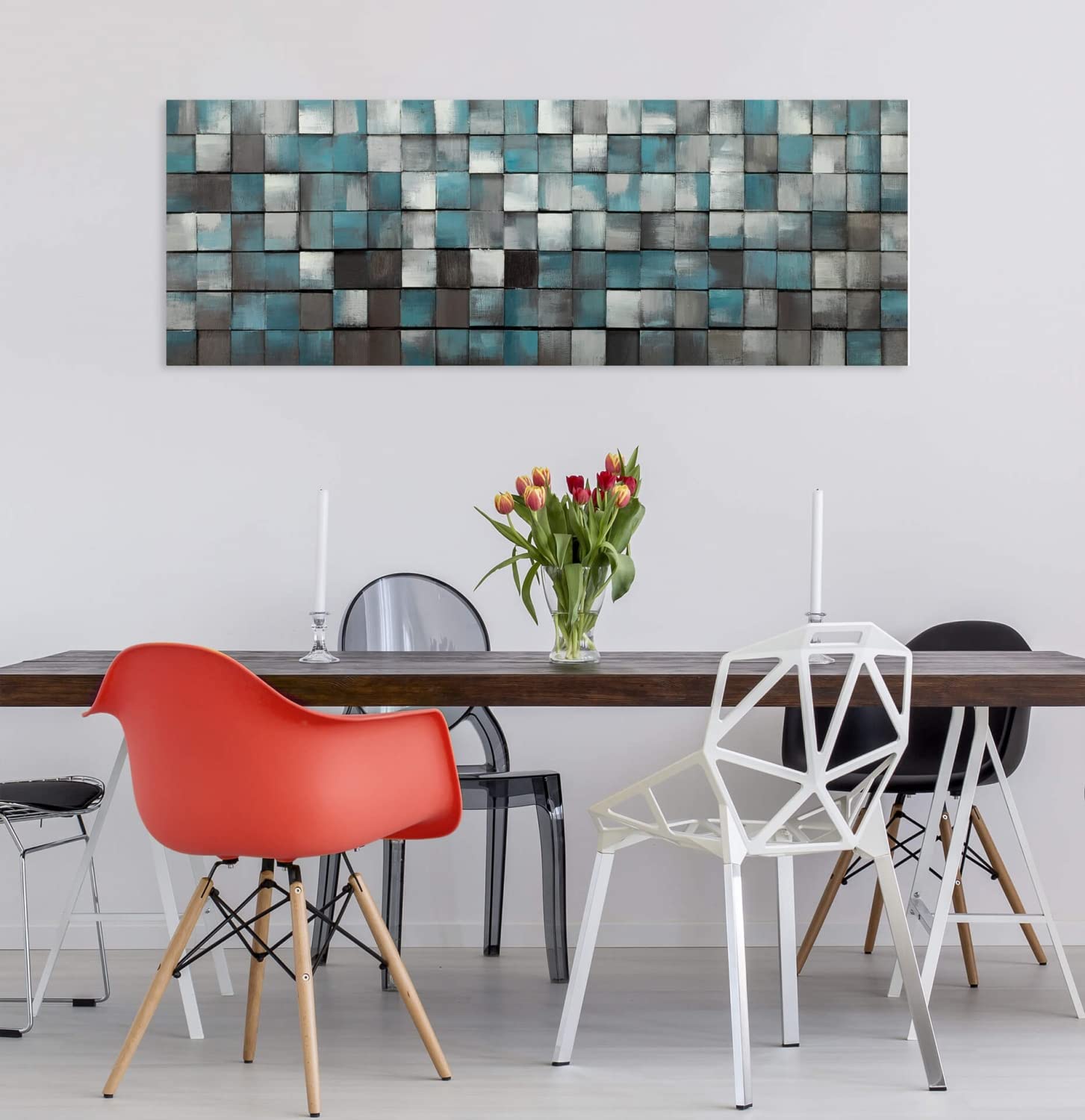 KunstLoft Wanddeko Holz rustikal | 100% HANDGEFERTIGT | 144x44x7cm | Holzbild 'Ruhe des Blauen' | Abstrakt | Grau Blau | Wandbild Holz