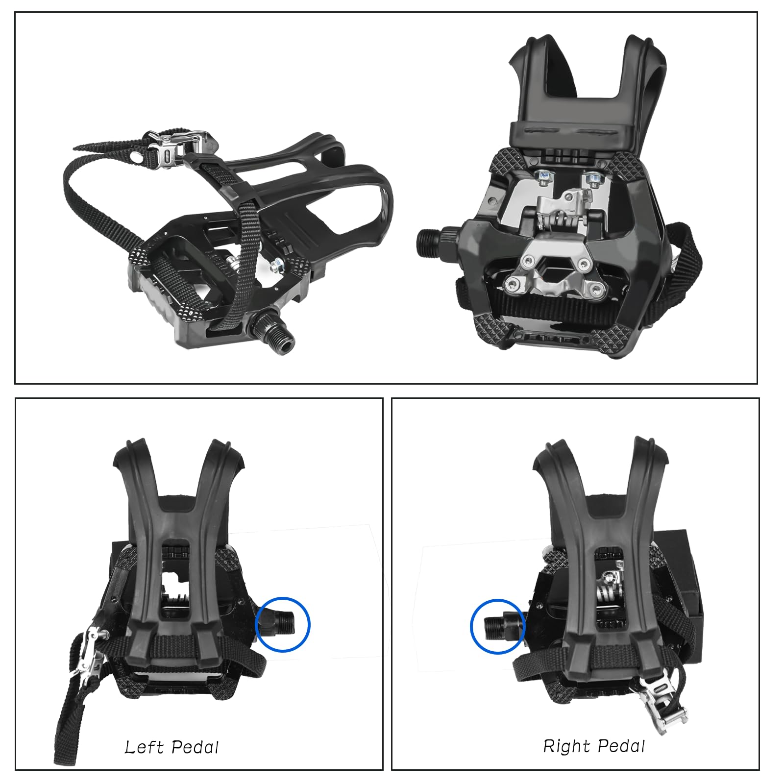 Pedales Bicicleta Montaña, 9/16 Pulgadas Pedales Mixtos MTB, Aluminio Pedales SPD Híbrido con Jaula y Correa, MTB Bicicleta Pedales para BMX Carretera Bike Spinning Pedales Bicicleta Estatica