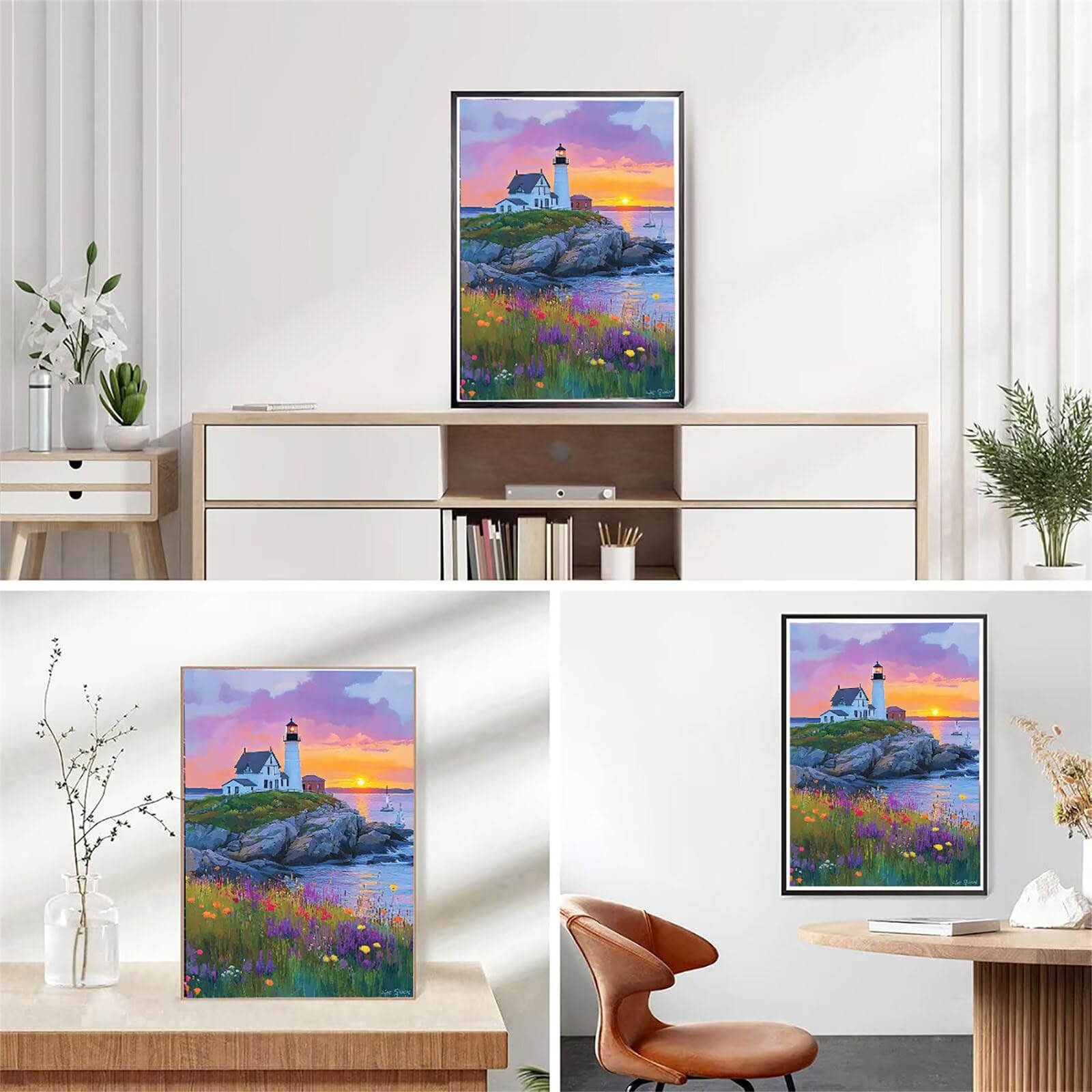 Malarstwo diamentowe, latarnia morska 5D, obraz do malowania diamentami, zachód słońca, 90 x 120 cm, okrągły obraz z pełnym nawierceniem, dla dorosłych, z akcesoriami, do tworzenia mozaiki, zestaw do