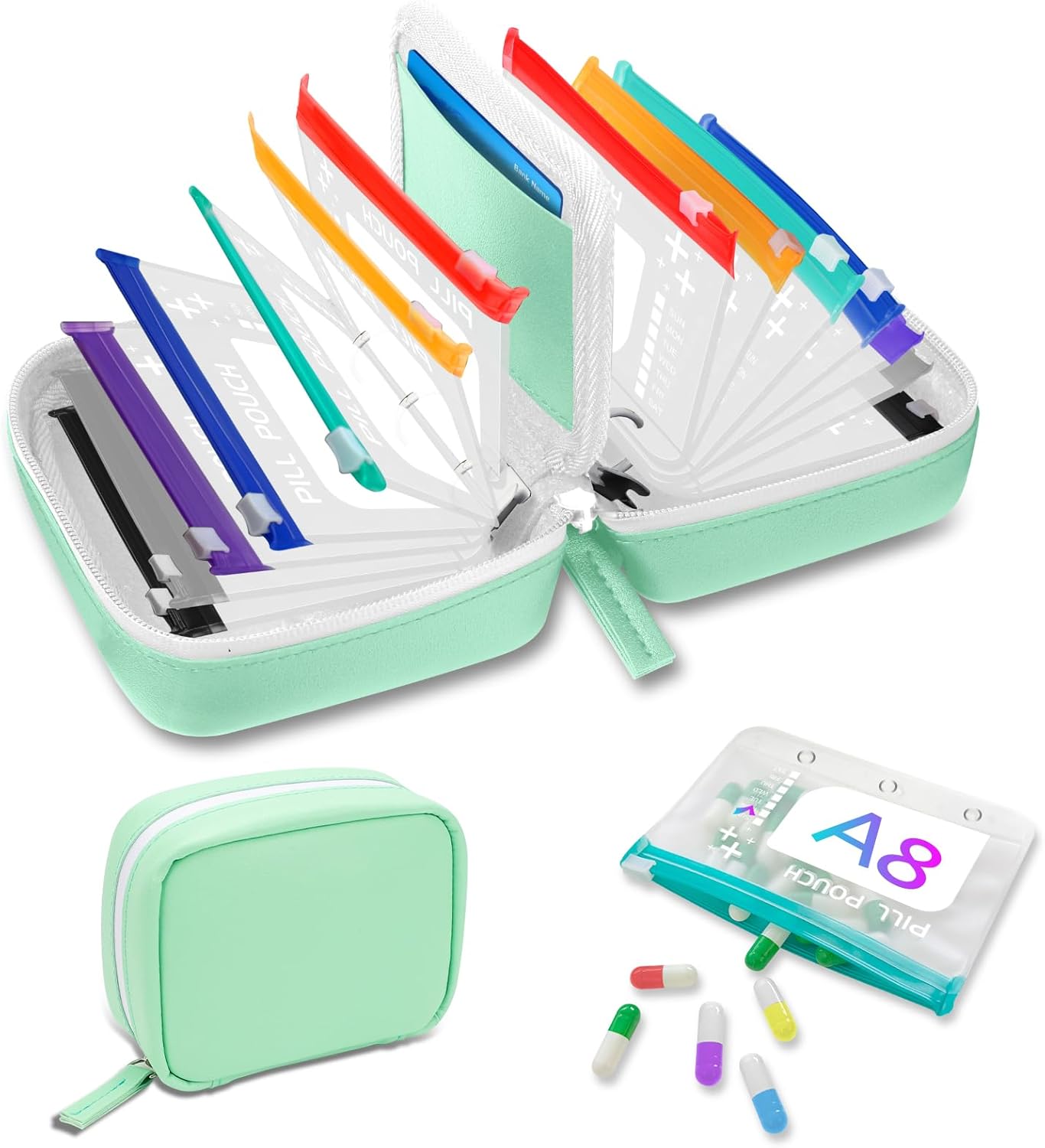 A8 Waterproof Pill Organizer Set, Twice-Daily Large Pill Organizer for Seven Days, Pill Storage with 14 Color-Coded Pouches, Reusable Travel Medicine Organizer