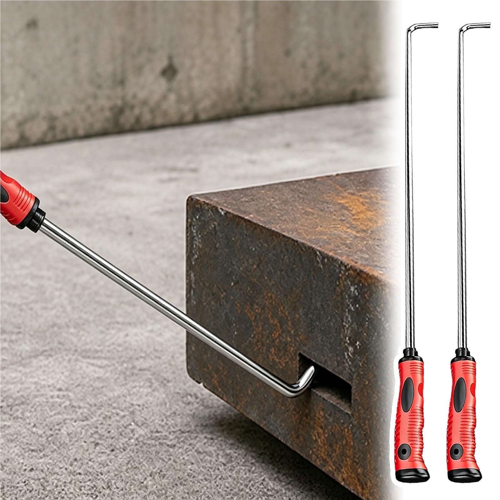 Gancho en J Romo de 39-3/8", elevación de Tapas de alcantarilla | Herramienta de palanca de acero inoxidable de 3/8" de espesor, mango antideslizante rojo(2pcs)