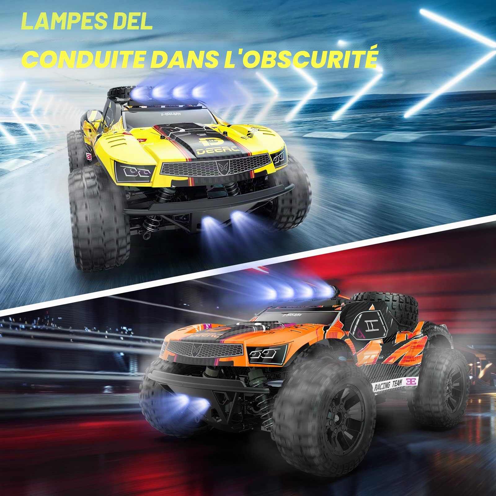 DEERC Voiture télécommandée 1:10 avec lumières RC Voiture 48km/h 4WD Offroad Hobby Grade Monster Crawler avec 2 batteries 40 minutes d'autonomie 2 coques de voiture pour adultes, enfants (9201E)