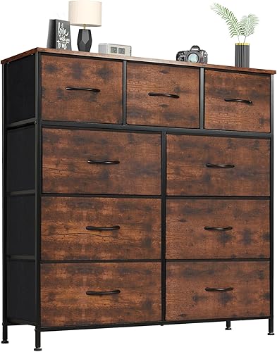 Miniatura 23 de OLIXIS Cómoda para dormitorio con 5 cajones, cómoda ancha, cómoda de tela para dormitorio con organizador de cajones, unidad organizadora de Roble