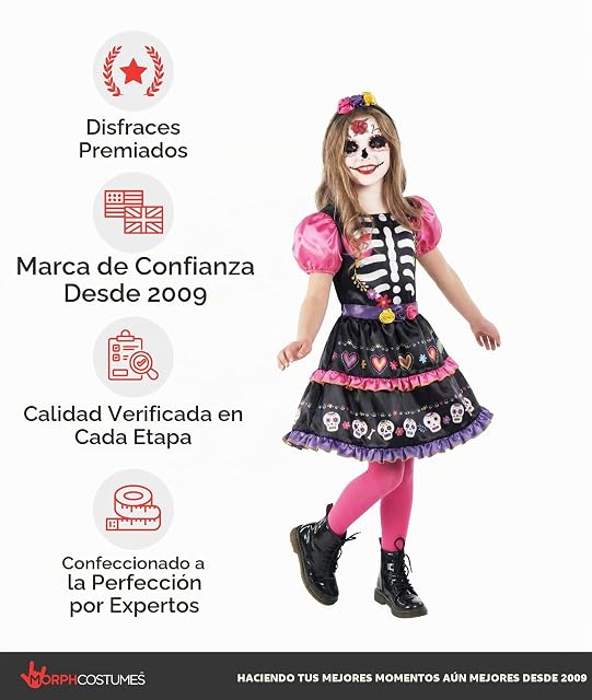 Foto 5 de 8 de Morph Disfraz Catrina Niña, Disfraz de Esqueleto Halloween Niña, 10-12 años