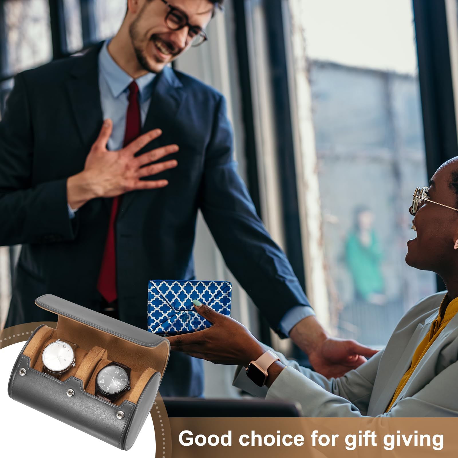 Custodia da viaggio per orologio da uomo in pelle, astuccio arrotolabile per orologio, scatola portaoggetti portatile per orologio, ideale per Natale, compleanno e anniversario, con 2 scomparti (gri