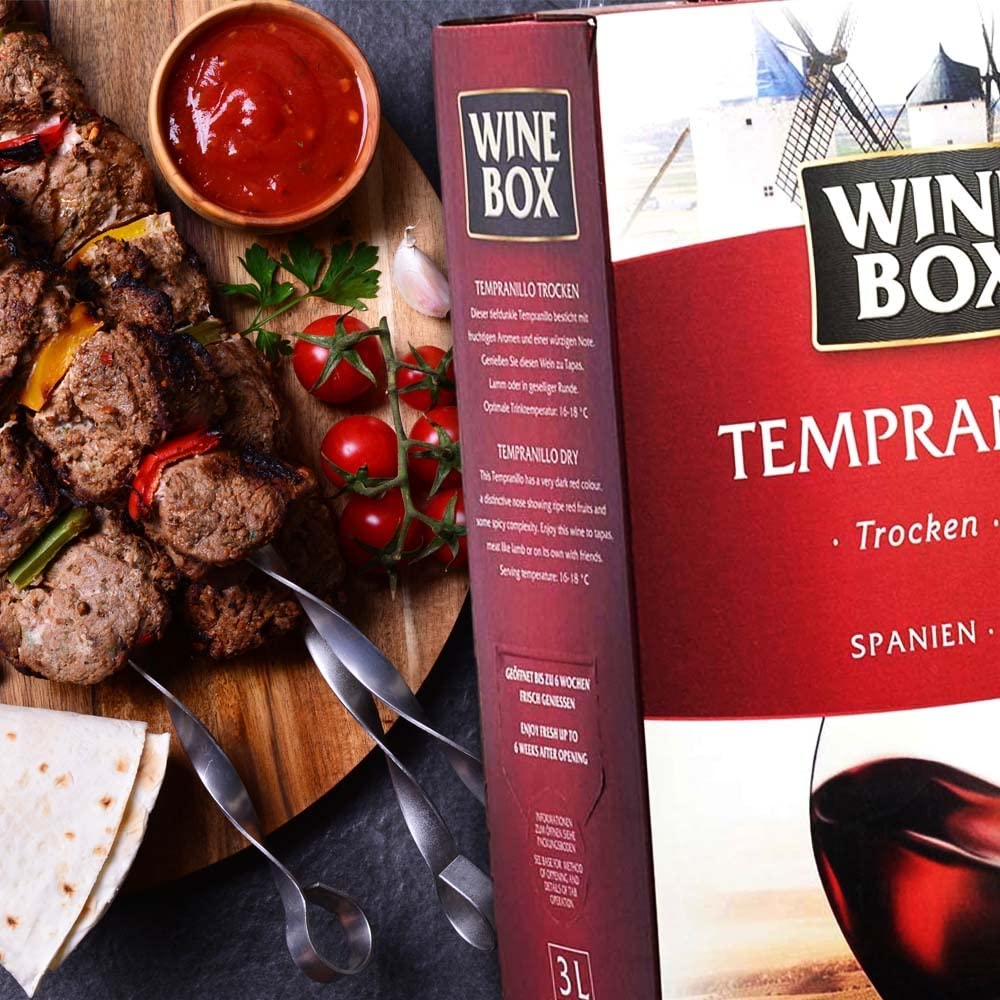 Wine Box Tempranillo, trocken, Bag-in-Box, sortenreines Weinpaket + VINOX Winecards (4x3,0l)