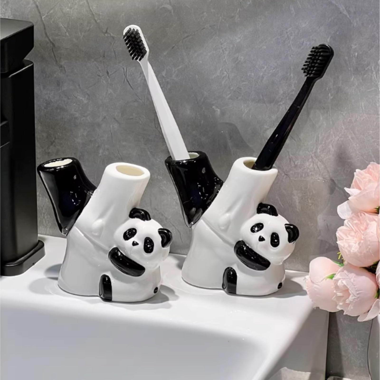 Organizzatore per Spazzolini Portaspazzolino in Ceramica Panda Accessori for Toeletta da Bagno E Appoggio Bathroom Organizer da Casa