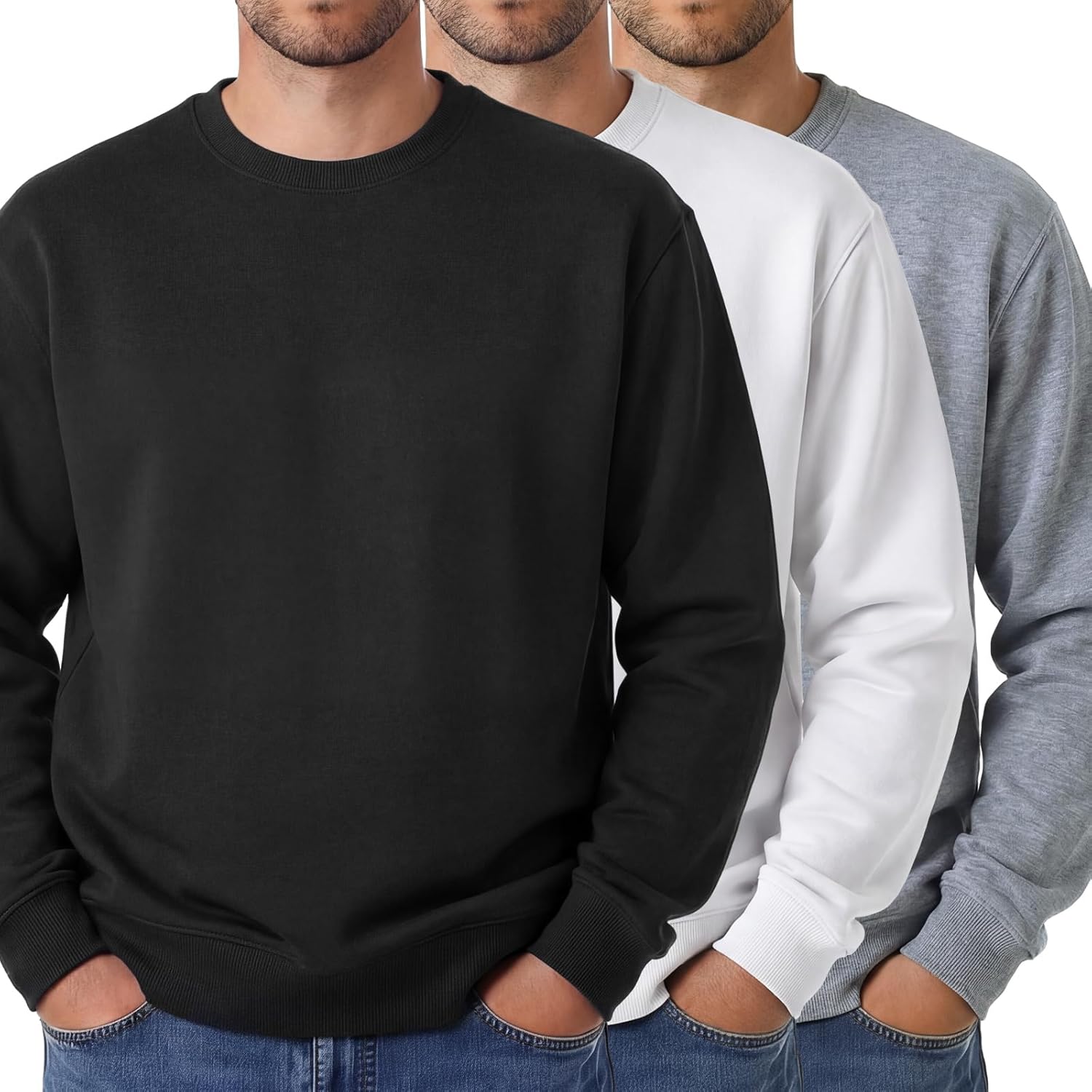 Taiyin 3 Pack Men's Lightweight Fleece Crewneck Sweatshirt Long Sleeve Sweatshirt for Men