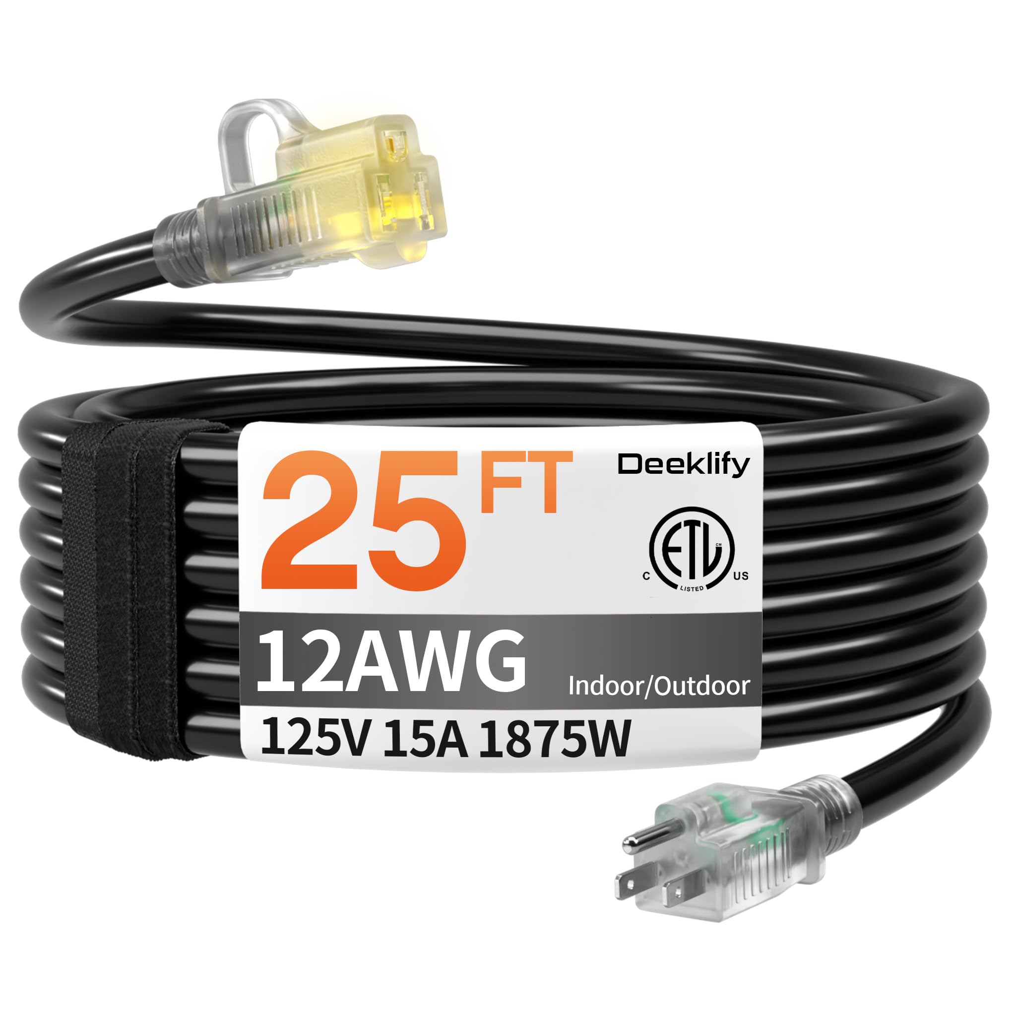 12AWG 25 FT Heavy Duty Outdoor Extension Cord Waterproof with Lighted End,Black 12 Gauge Extension Cord Flexible and Cold Resistant 3 Prong Grounded