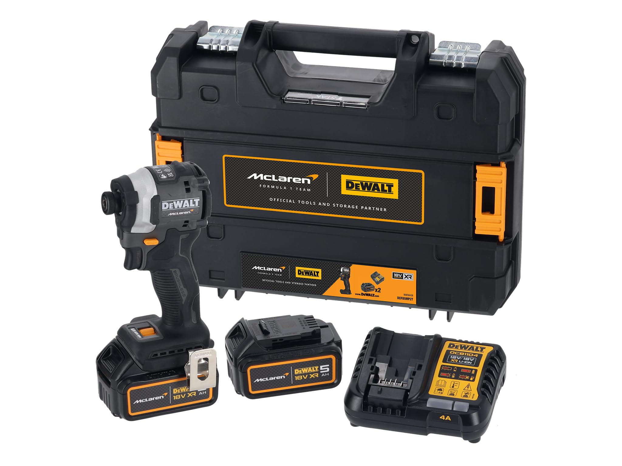 DEWALTDCF85MP2T McLaren F1 18V XR 1/4in Cordless Brushless Impact Driver with 2 x 5AH Batteries, Charger & Case