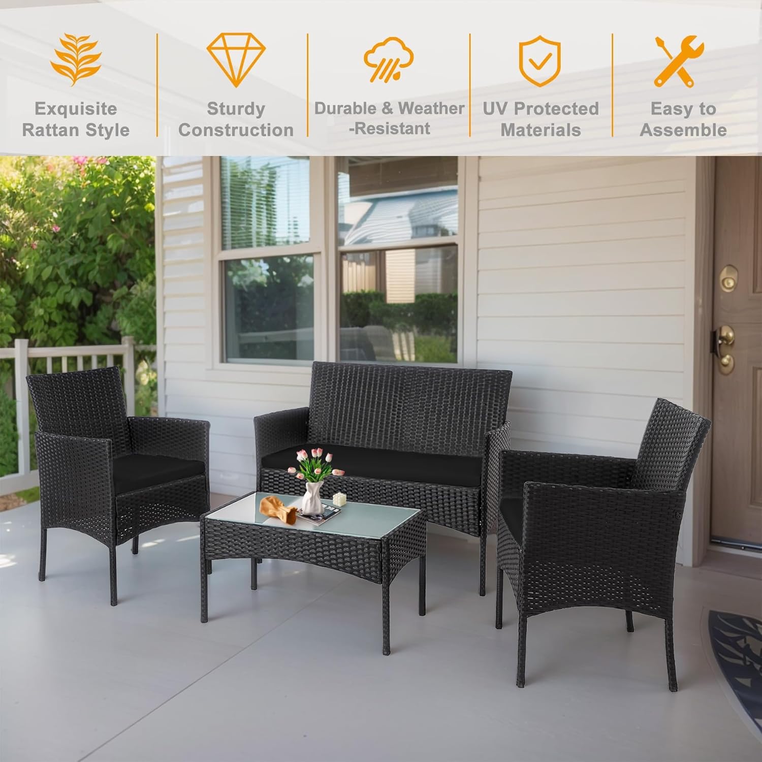 PROHIKER 4 Piece Outdoor Wicker Patio Conversation Furniture Set, Rattan Chair Wicker Sofa Garden Conversation Sets with Cushion and Glass Table for Yard Pool or Backyard, Black/Black