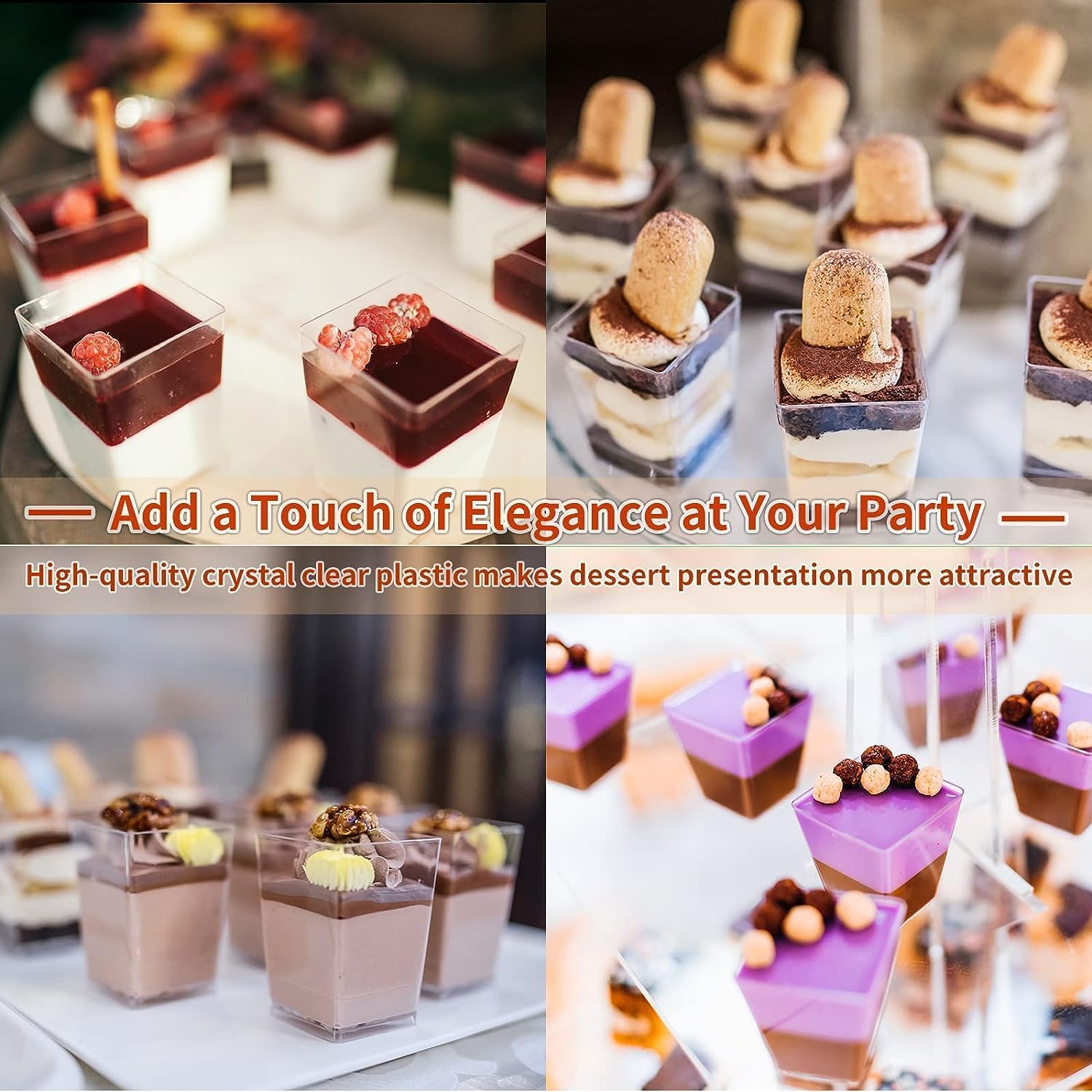50 bicchieri da dessert quadrati trasparenti con coperchio e cucchiaio, riutilizzabili, per finger food, mousse, budini, feste, dessert, festa del papà, giorno del Ringraziamento,