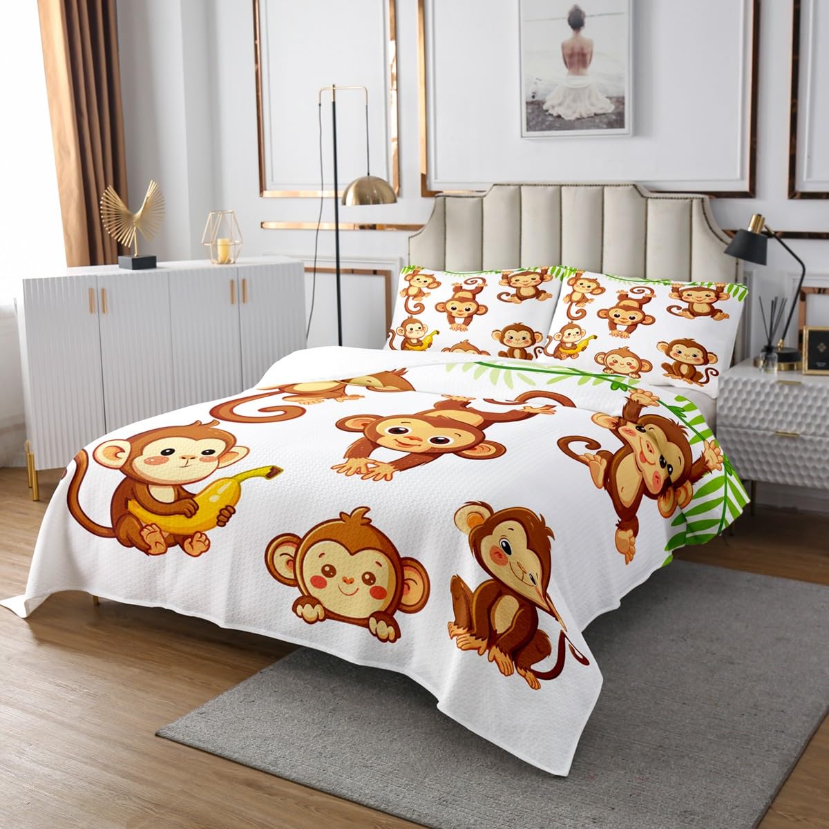 Manfei Cute Monkey Bedspread Queen Size, Cartoon Monkey Print Coverlet Set for Kids Boys Girls Bedroom Decor, Animal Theme Quilted Coverlet with 2 Pillowcases, Soft Polyester Bedding Quilt