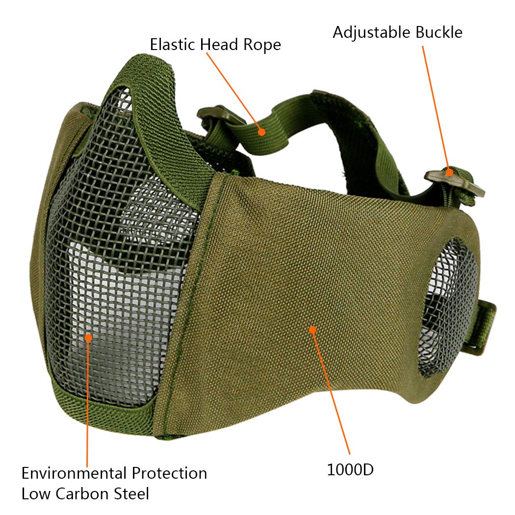 Set di accessori protettivi per softair, maschera a metà viso in rete con protezione per le orecchie, e occhialini per CS / caccia / paintball / tiro