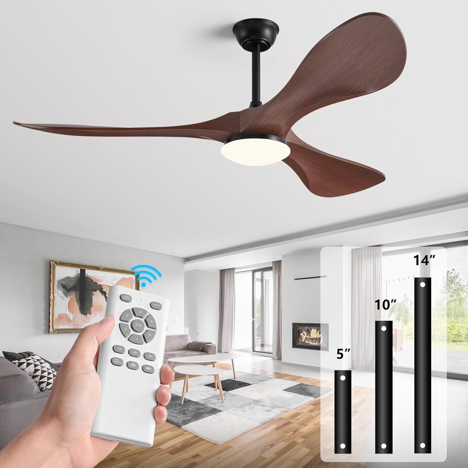 60 in Ceiling Fan of 7400+CFM High Airflow with Light and Remote Control,Outdoor/Indoor Ceiling Fan with 3 Blades Noiseless Reversible DC Motor 6 Speeds with 3 CCT and Timer for Living Room Patios