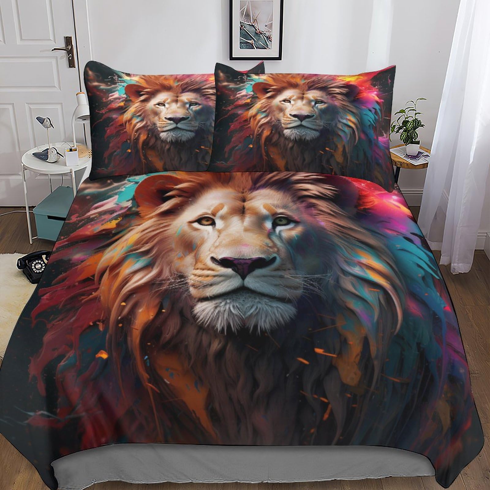 Parure de lit lion coloré King 220x240 en microfibre avec housse de couette 3D pour lit double