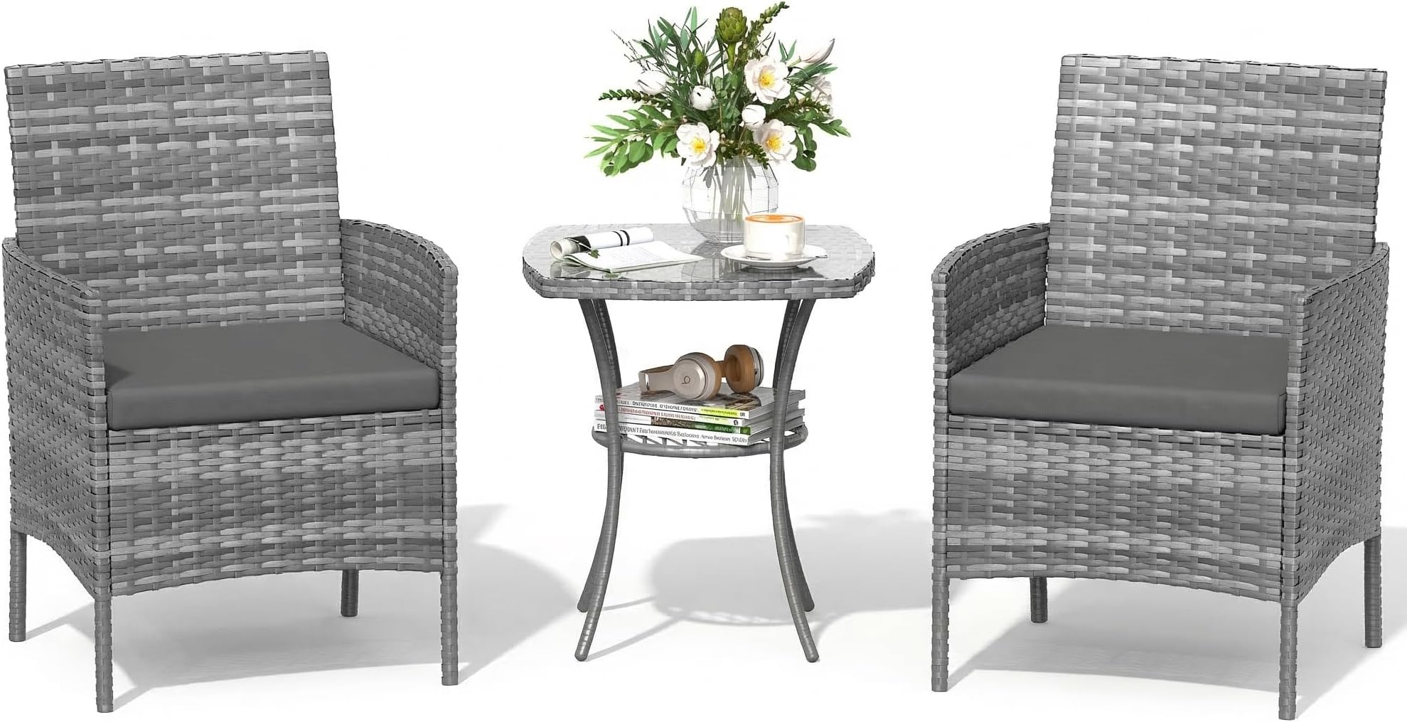 Amopatio 3 Pcs Rattan Garden Furniture Sets, Outdoor Bistro Set with Table and Chairs, Washable Cushions for Balcony, Patio, Backyard, Grey