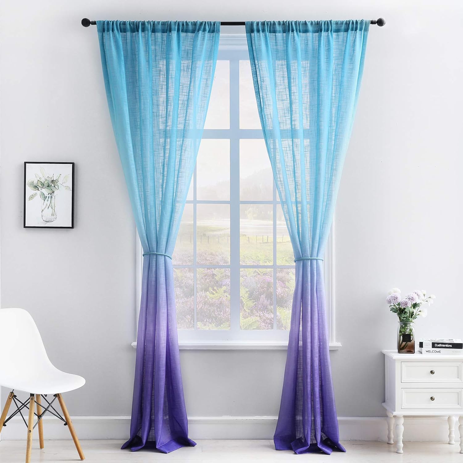 Melodieux Linen Textured Ombre Semi Sheer Curtains for Bedroom Living Room Mermaid Girls Kids Rod Pocket Gradient Drapes, Blue Purple Cyan Turquoise Teal Lilac, 52 x 63 Inch (2 Panels) Blue Purple 52x63 Inch
