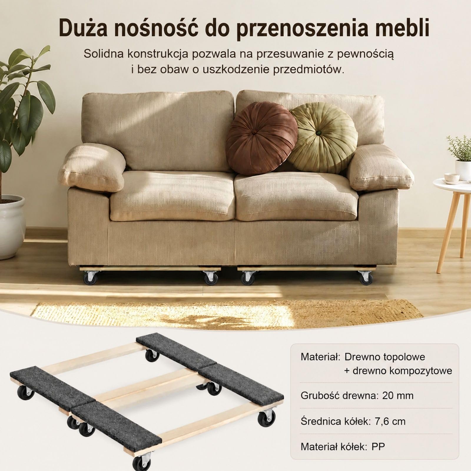 Zestaw wózków meblowych, 2 sztuki, drewniana platforma, 8 kółek obrotowych, udźwig 450 kg, do transportu domowego