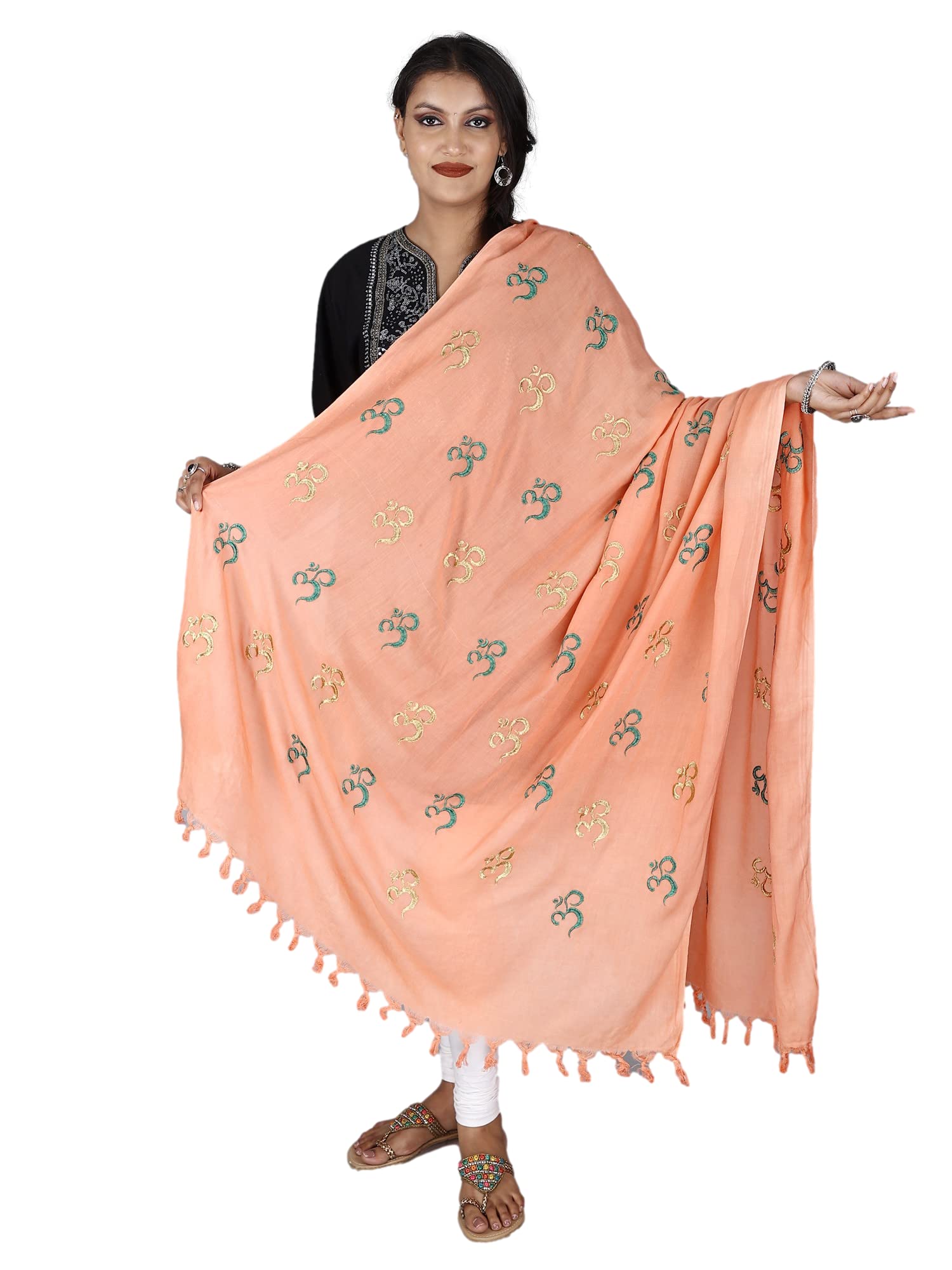 Prayer Shawl with Zari and Thread Embroidered Dual Color Om Motif - Viscose Cotton