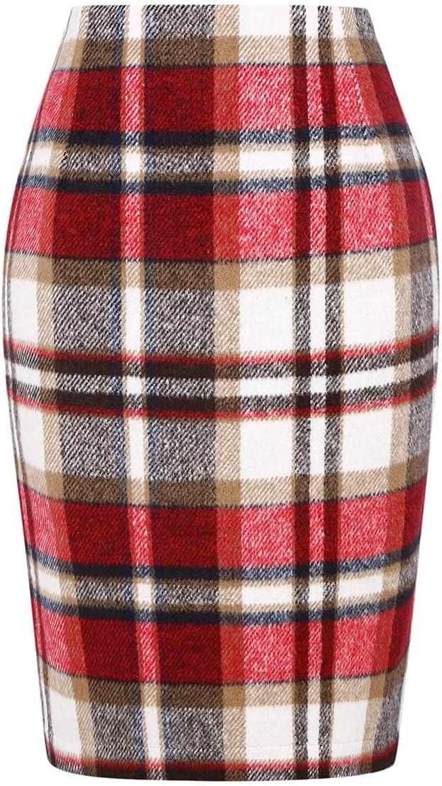 Plaid Skirts for Women Fall Winter Knee Length Pencil Wool Skirt with Slit